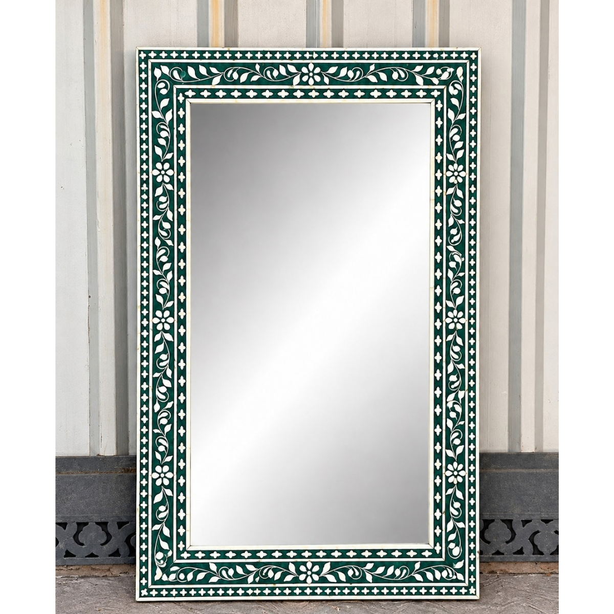 Handmade Green Floral Bone Inlay Mirror – Rectangular Botanical Wall Mirror