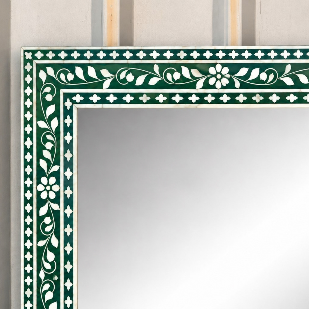 Handmade Green Floral Bone Inlay Mirror – Rectangular Botanical Wall Mirror