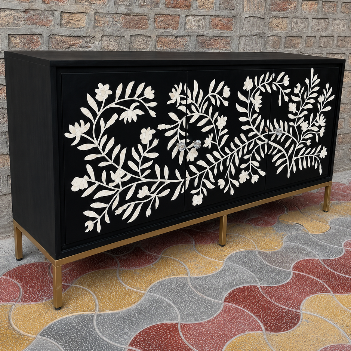 Handmade Black Bone Inlay Floral Sideboard Cabinet | Luxury Storage Console