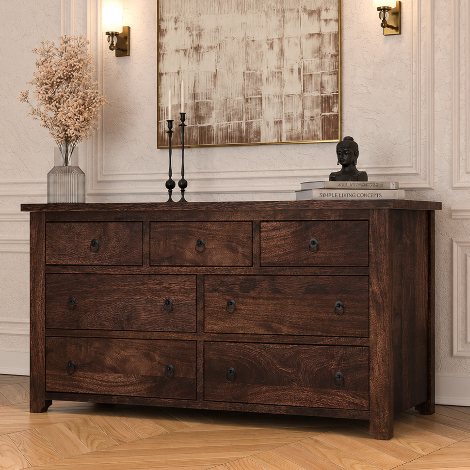 Handcrafted Solid Wood 7 Drawer Dresser | Rustic Dark Wood Chest of Drawers | Traditional Bedroom Storage Cabinet