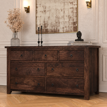 Handcrafted Solid Wood 7 Drawer Dresser | Rustic Dark Wood Chest of Drawers | Traditional Bedroom Storage Cabinet