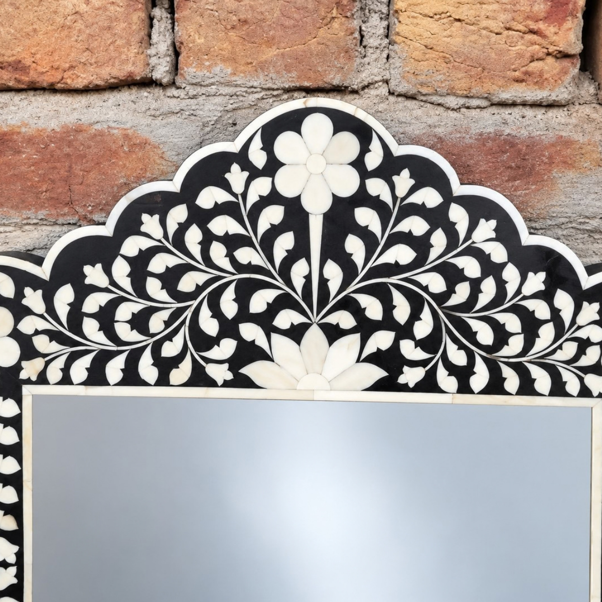 Handmade Black Bone Inlay Floral Mirror – Scalloped Ornate Wall Mirror