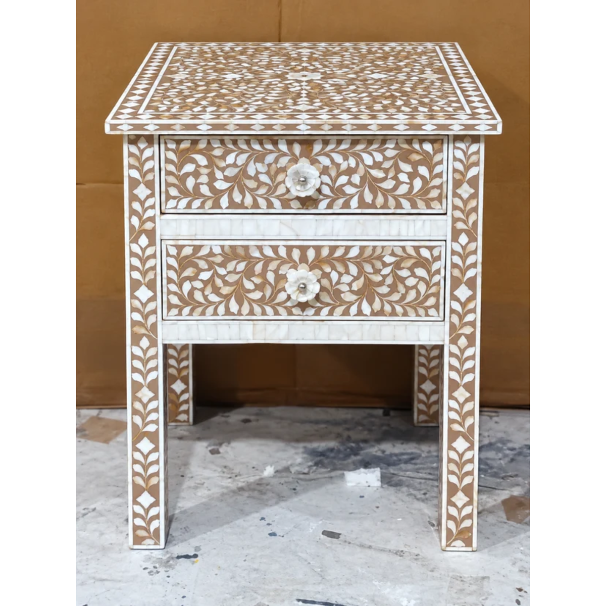 Brown Mother of Pearl Inlay Bedside Table – Handmade Floral Nightstand with 2 Drawers