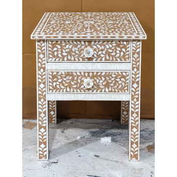 Brown Mother of Pearl Inlay Bedside Table – Handmade Floral Nightstand with 2 Drawers