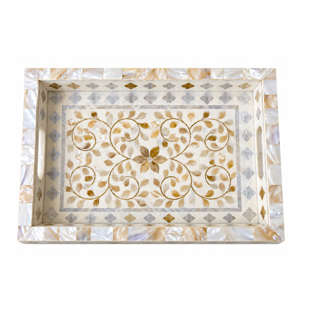 White Mother of Pearl Inlay Serving Tray – Handmade Floral Rectangular Decorative Tray