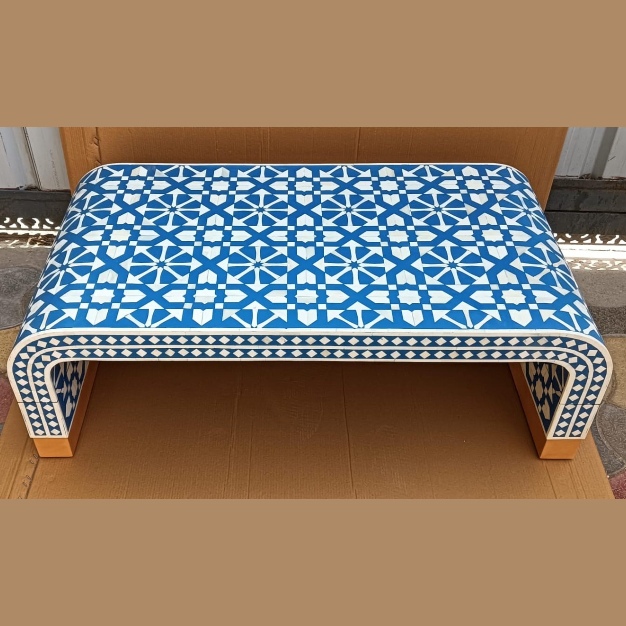 Handmade Blue Bone Inlay Coffee Table – Waterfall Design Living Room Table