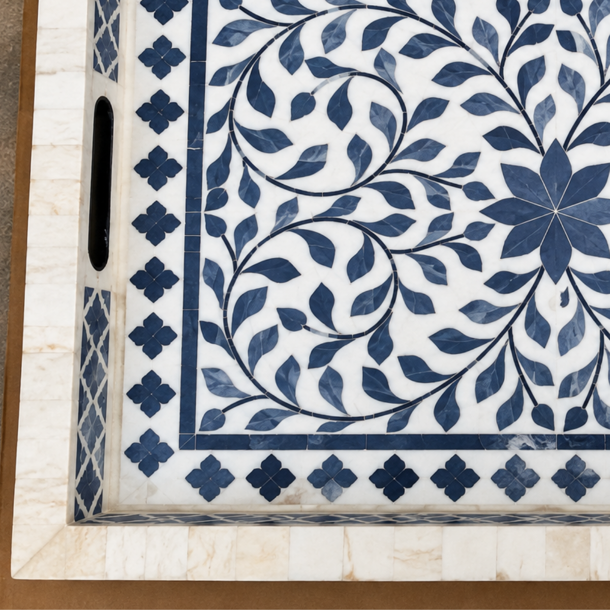 Handmade Blue & White Bone Inlay Serving Tray – Floral Design