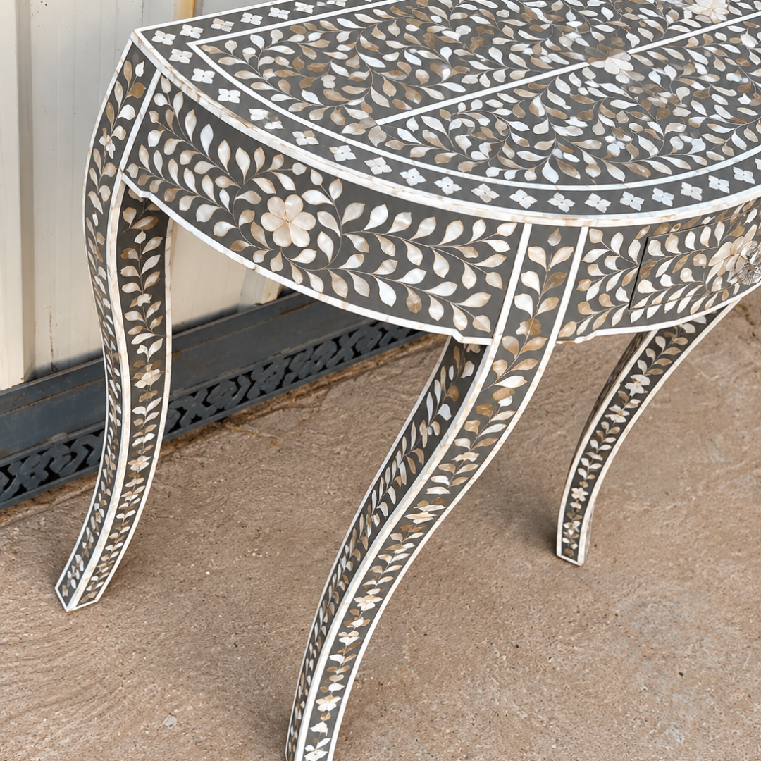 Black Mother of Pearl Inlay Half Moon Console Table – Handmade Floral Entryway Table with Drawer