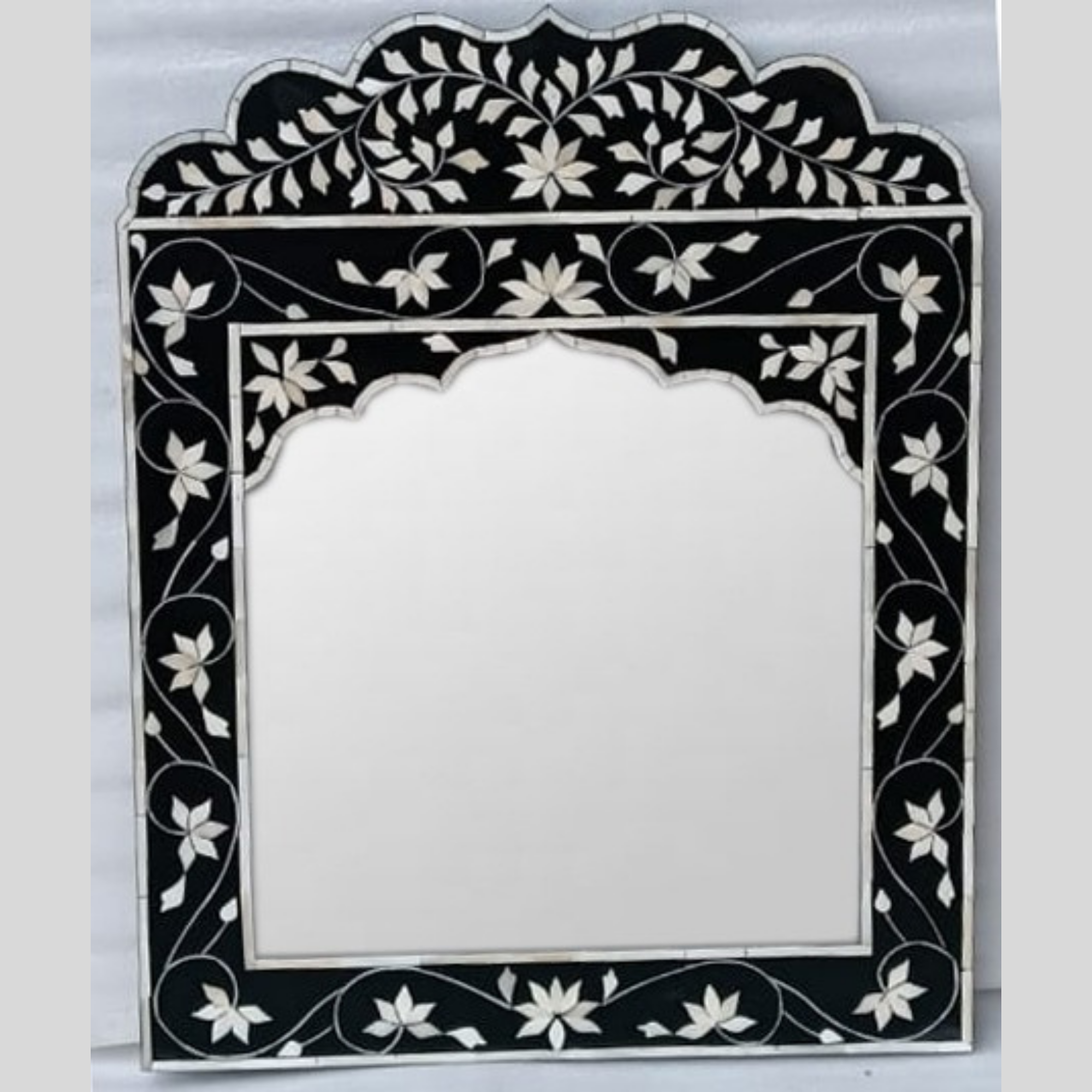 Handmade Black Bone Inlay Mirror Frame Floral Arch Wall Mirror