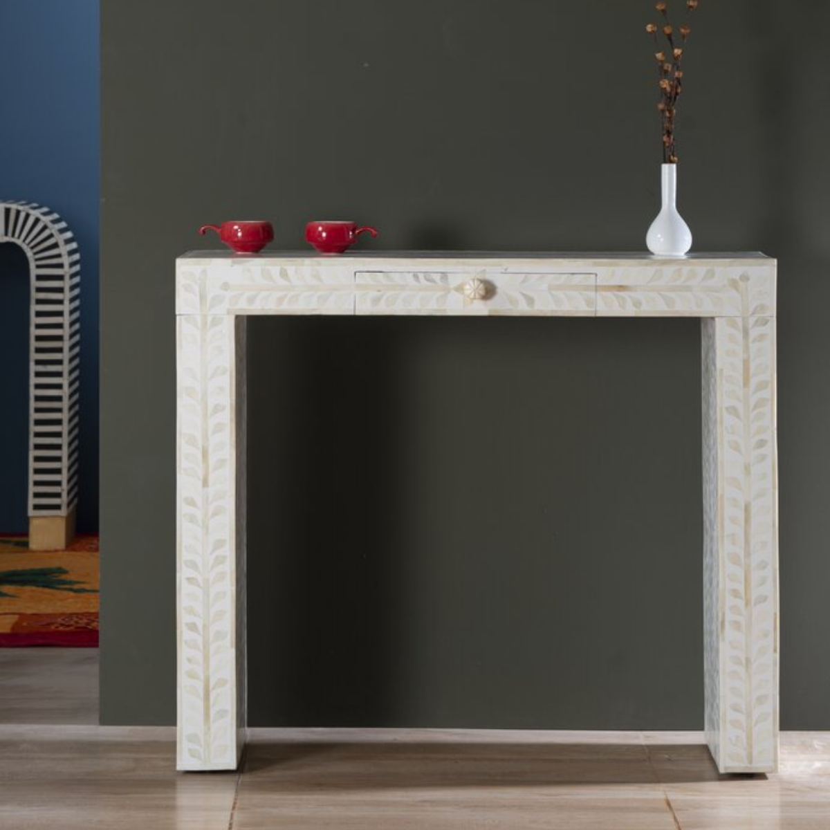 Handmade White Bone Inlay Console Table with Drawer | Floral Pattern Entryway Table