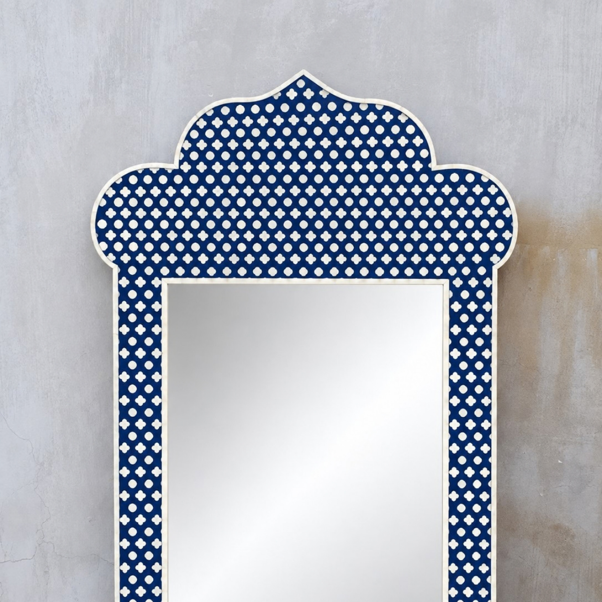 Handmade Blue Bone Inlay Arch Mirror – Moroccan Scalloped Wall Mirror