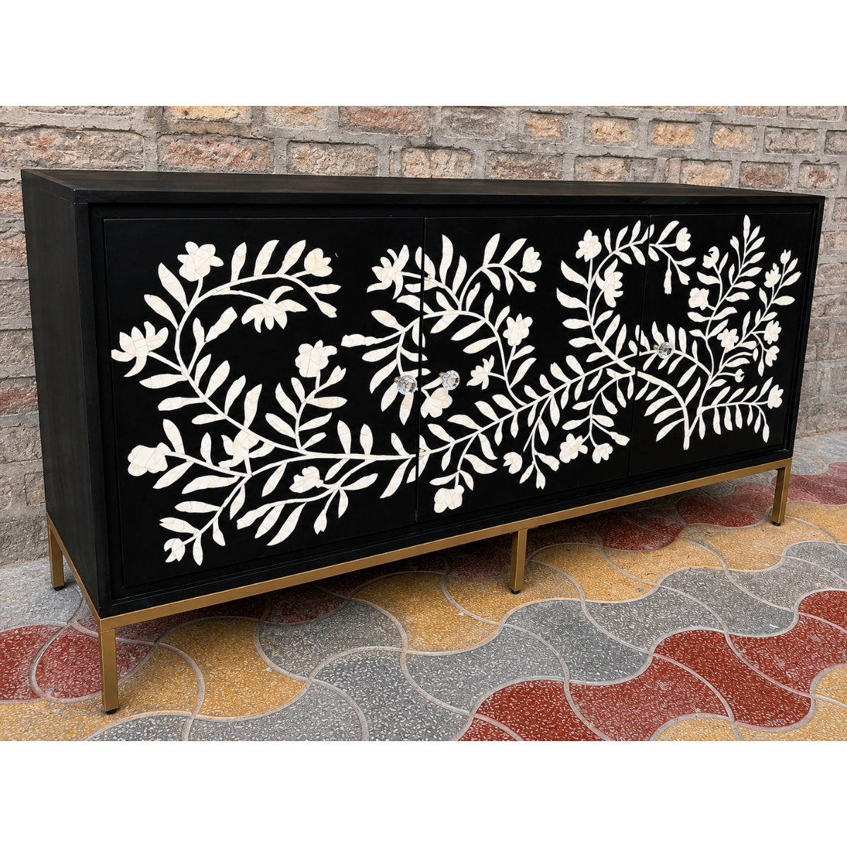 Handmade Black Bone Inlay Floral Sideboard Cabinet | Luxury Storage Console