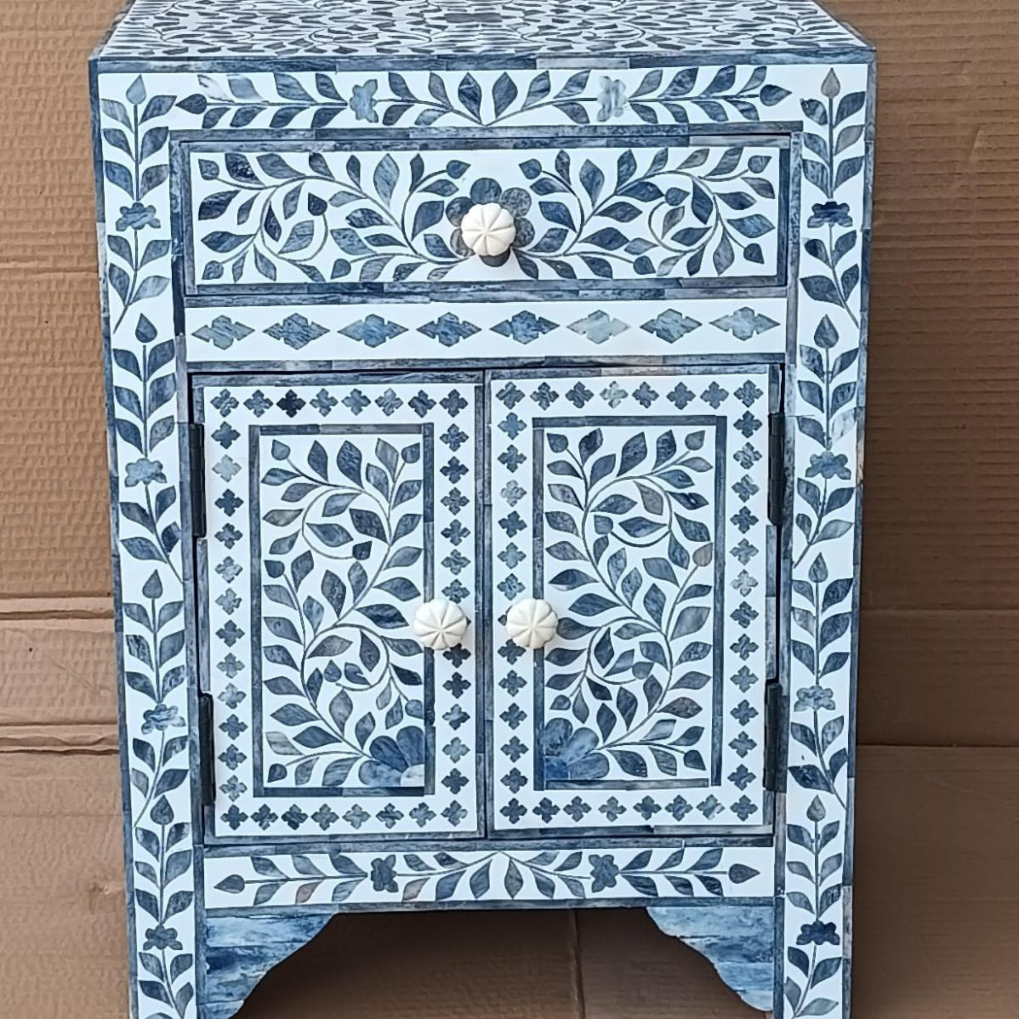 Handmade Blue Bone Inlay Bedside Cabinet with Drawer & Doors