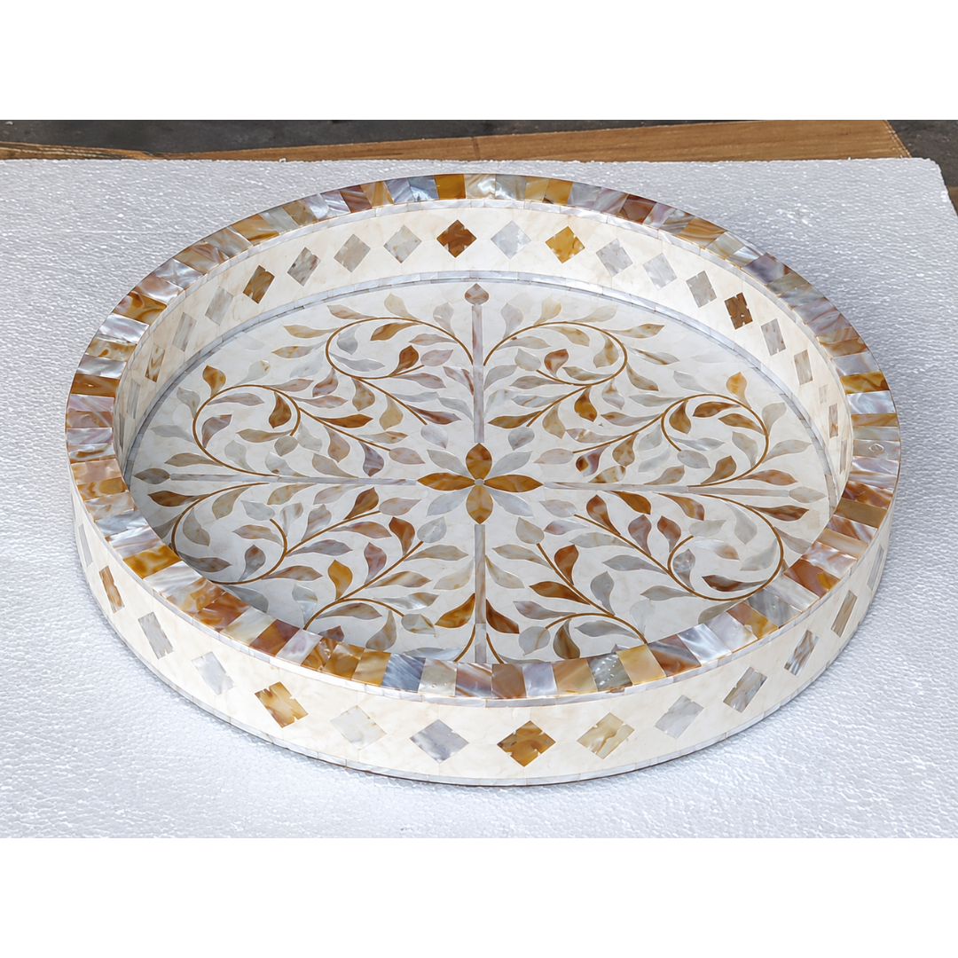 Round Mother of Pearl Inlay Serving Tray – Handmade Floral Decorative Tray