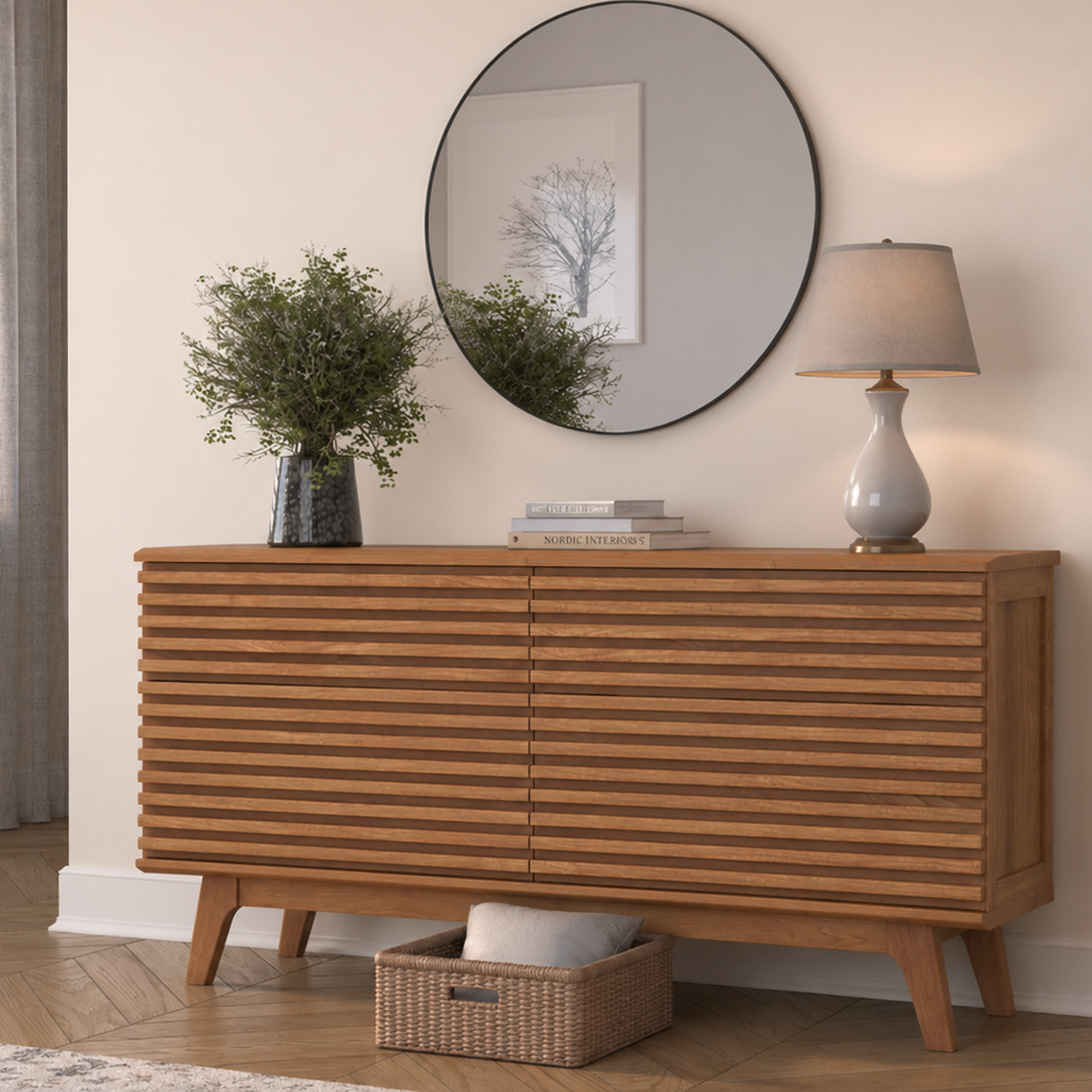 Mid Century Slatted Wood 6 Drawer Dresser | Teak Modern Chest of Drawers | Retro Bedroom Storage Cabinet