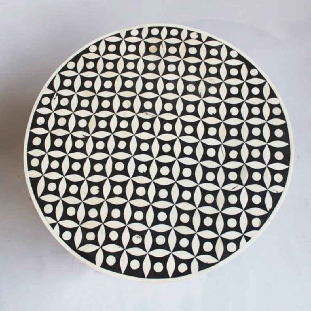 Handmade Bone Inlay Round End Table Black Geometric Floral Pattern Accent Side Table Modern Decorative Furniture