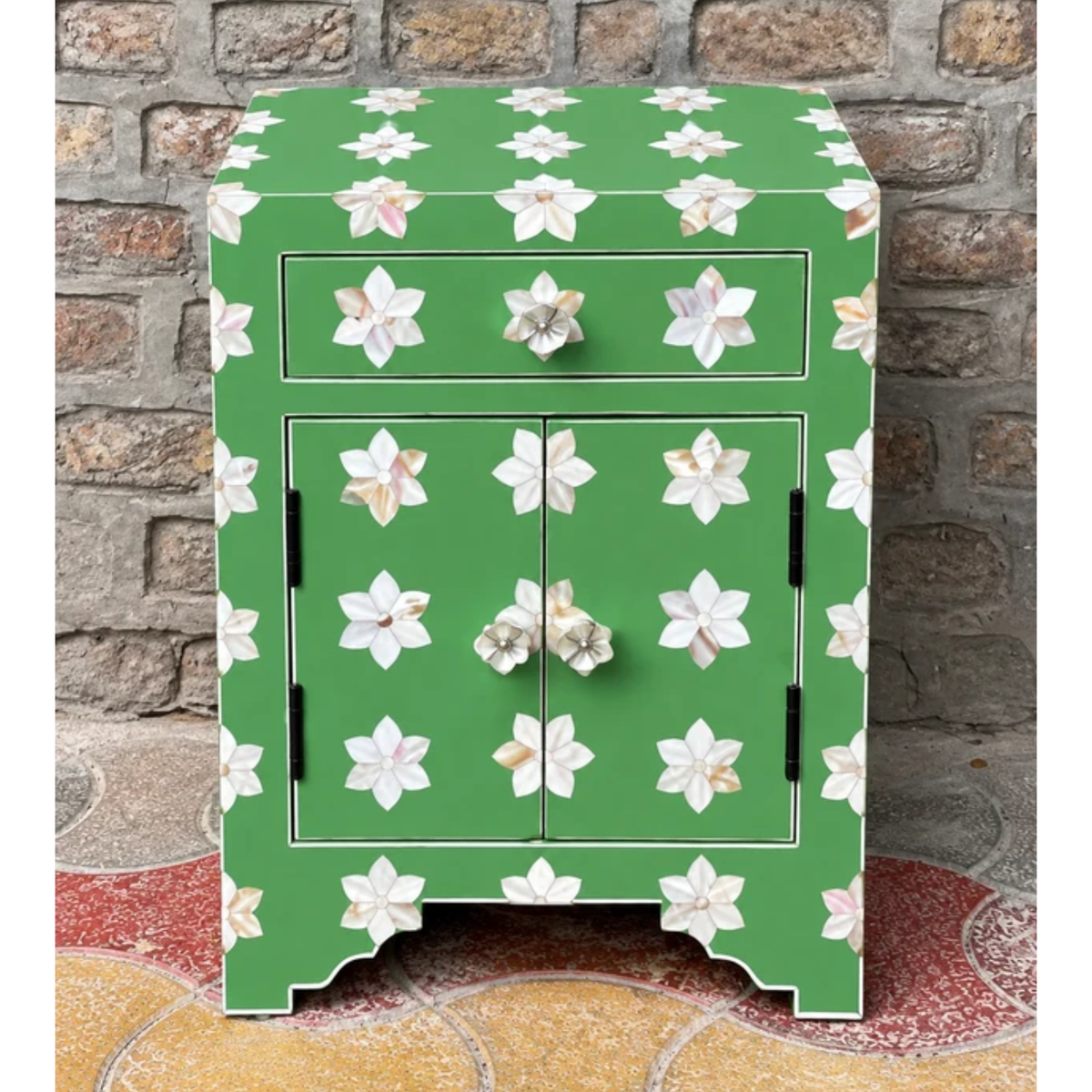Green Mother of Pearl Bedside Cabinet – Handmade Floral Inlay Nightstand with Drawer & 2 Doors