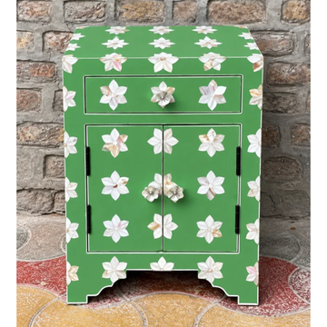 Green Mother of Pearl Bedside Cabinet – Handmade Floral Inlay Nightstand with Drawer & 2 Doors