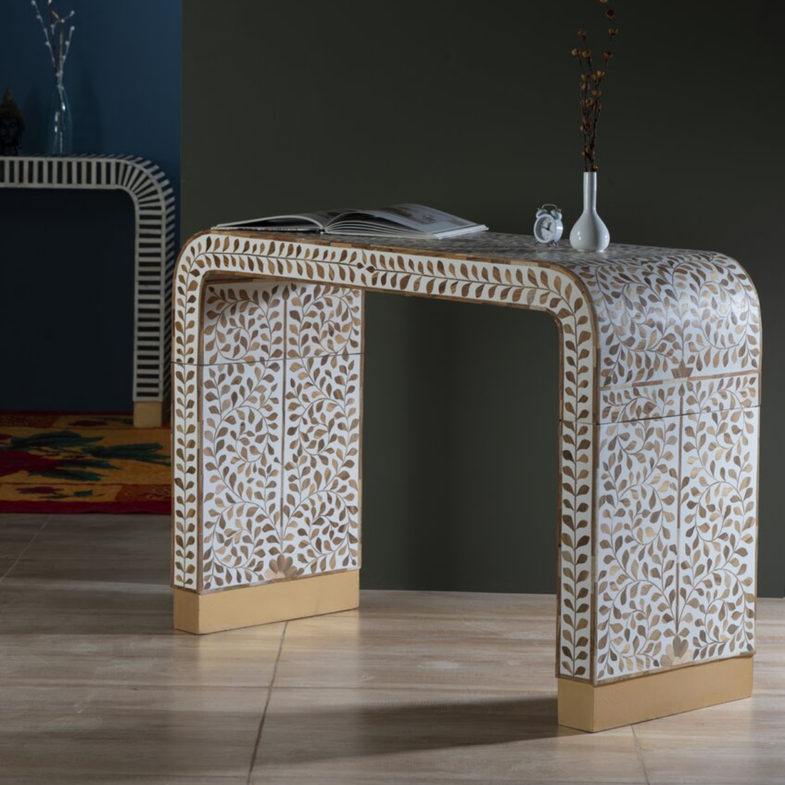 Handmade Floral Bone Inlay Arch Console Table | Curved Designer Console