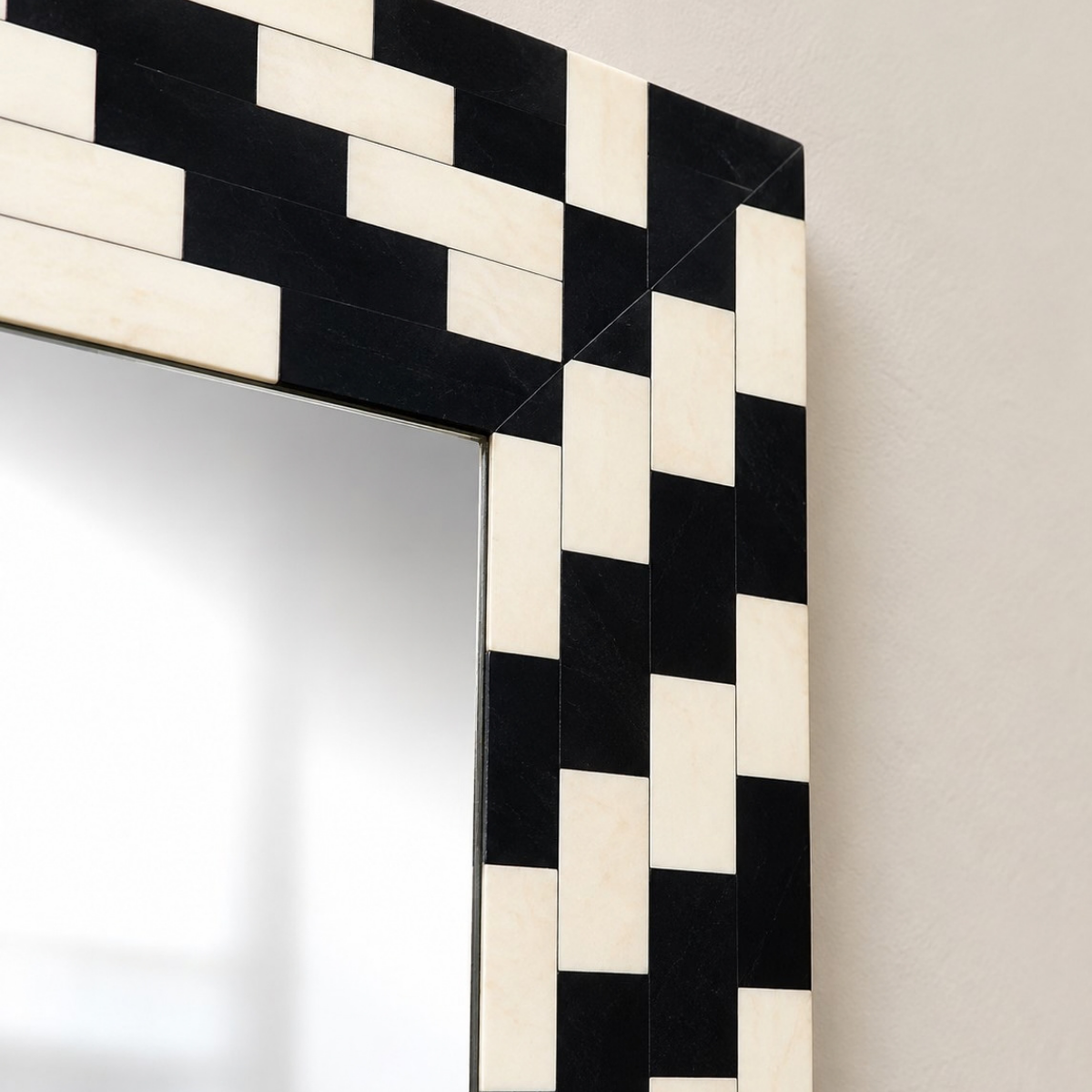 Handmade Black & White Bone Inlay Mirror – Geometric Checkerboard Wall Mirror