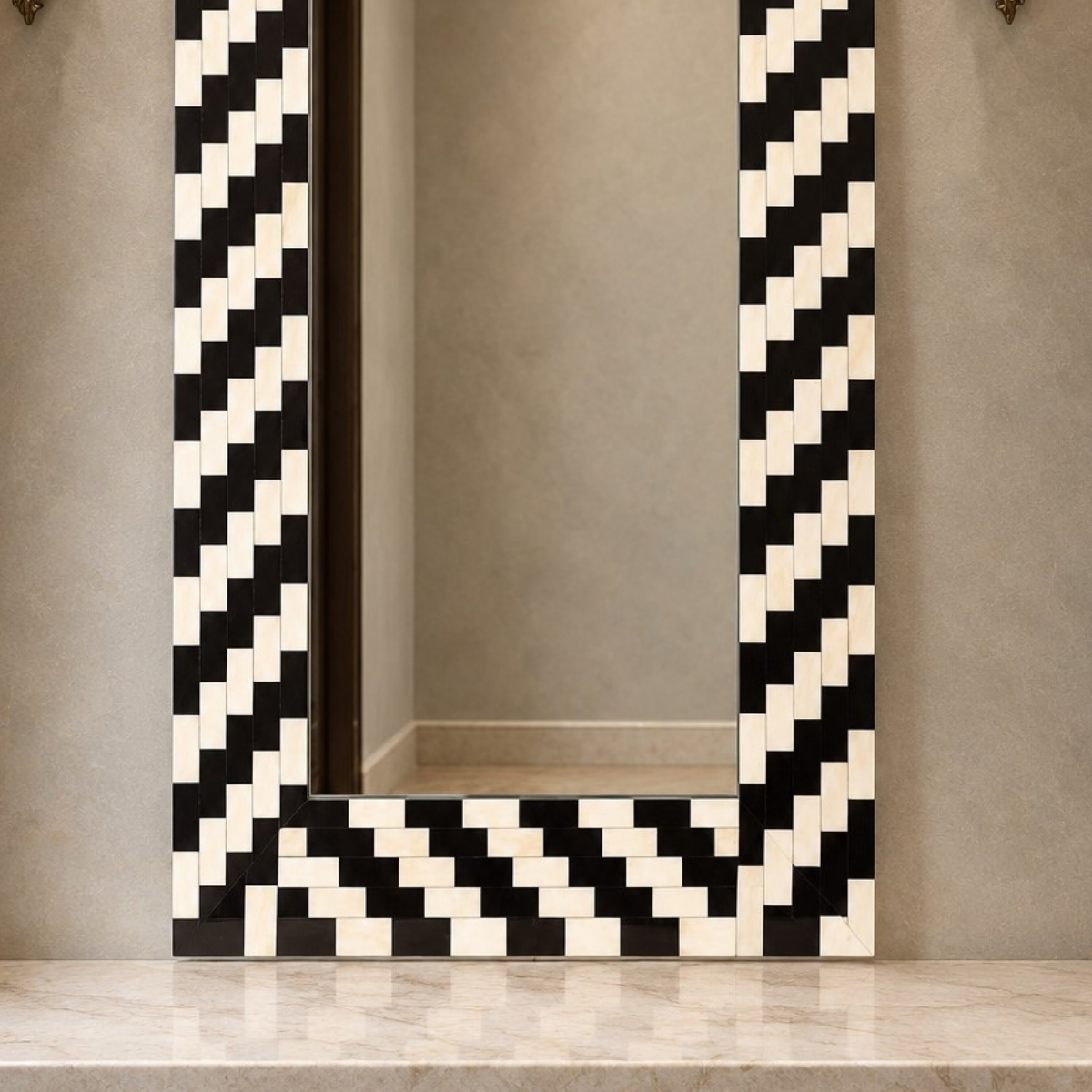 Handmade Black & White Bone Inlay Mirror – Geometric Checkerboard Wall Mirror
