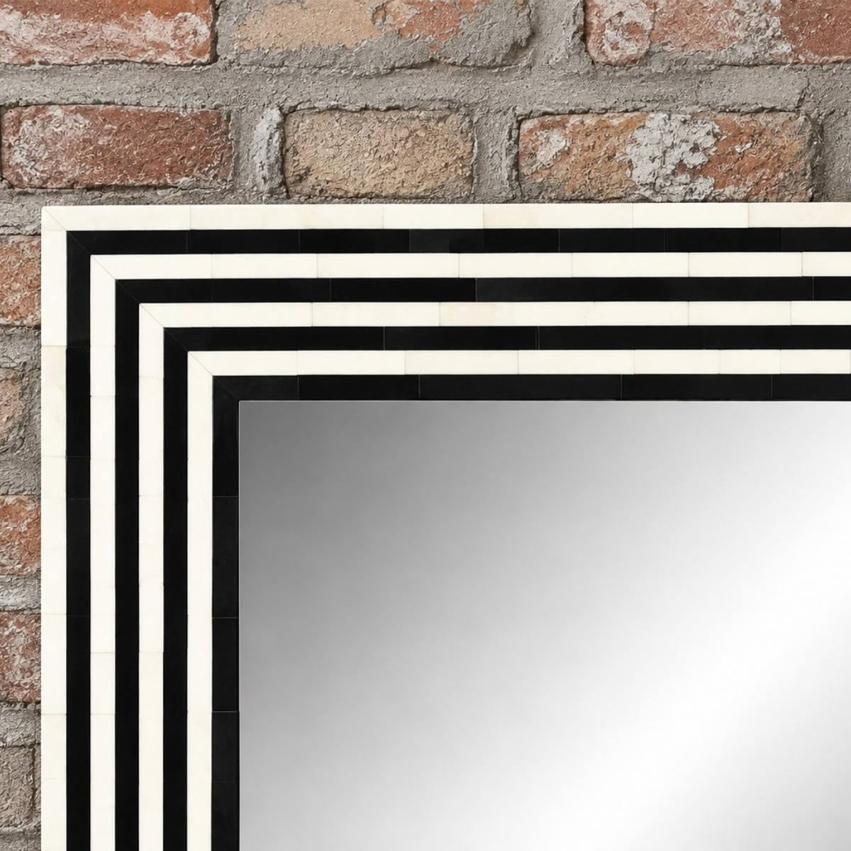 Handmade Black & White Bone Inlay Square Mirror – Striped Geometric Wall Mirror