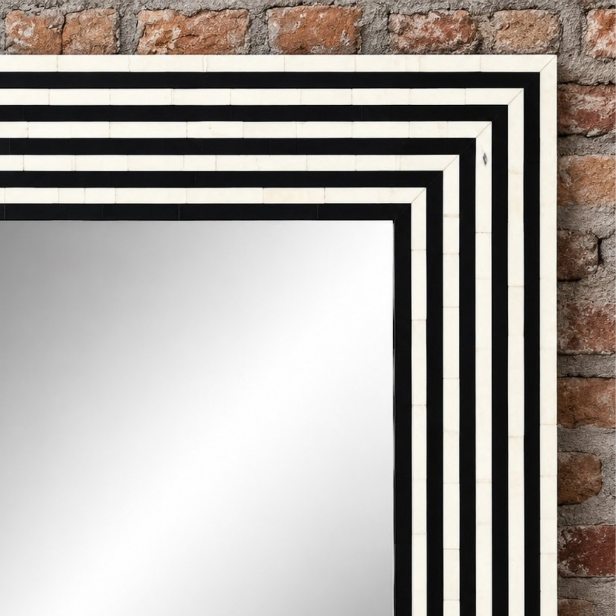 Handmade Black & White Bone Inlay Square Mirror – Striped Geometric Wall Mirror