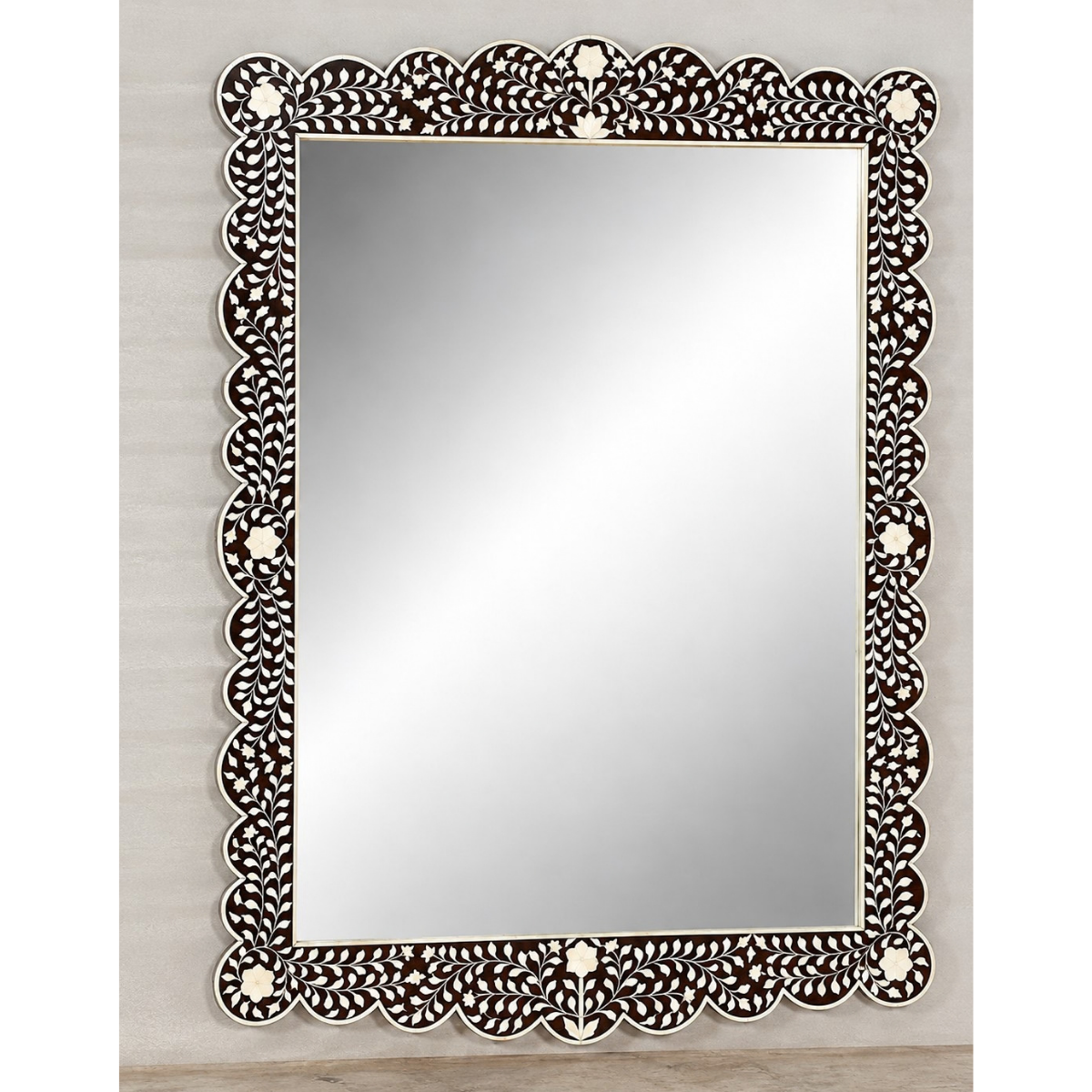 Brown Bone Inlay Mirror | Handmade Floral Scalloped Wall Mirror