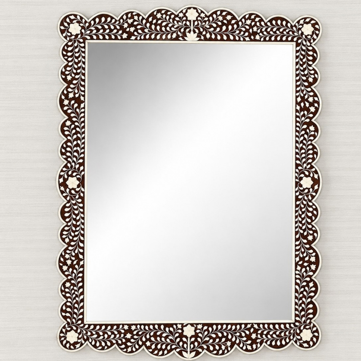 Brown Bone Inlay Mirror | Handmade Floral Scalloped Wall Mirror