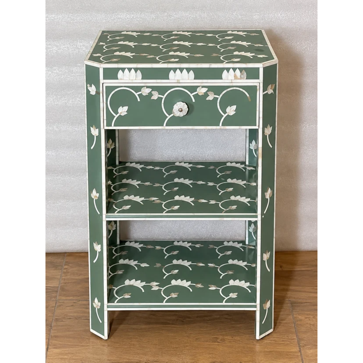 Sage Green Mother of Pearl Bedside Table – Handmade Floral Inlay Nightstand with Drawer & Open Shelves