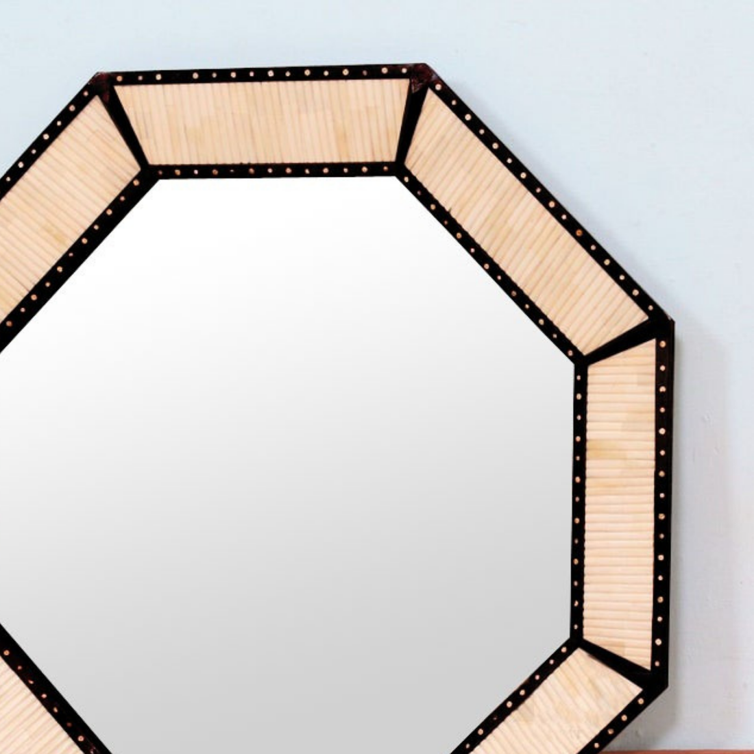 Octagonal Bone Inlay Wall Mirror Frame | Handmade Black & White Decorative Mirror
