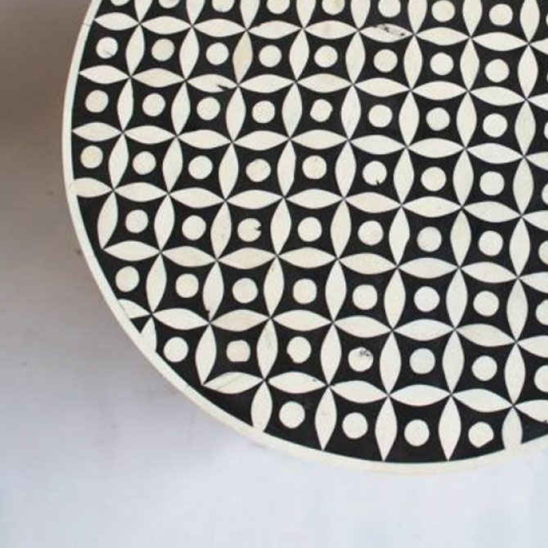 Handmade Bone Inlay Round End Table Black Geometric Floral Pattern Accent Side Table Modern Decorative Furniture