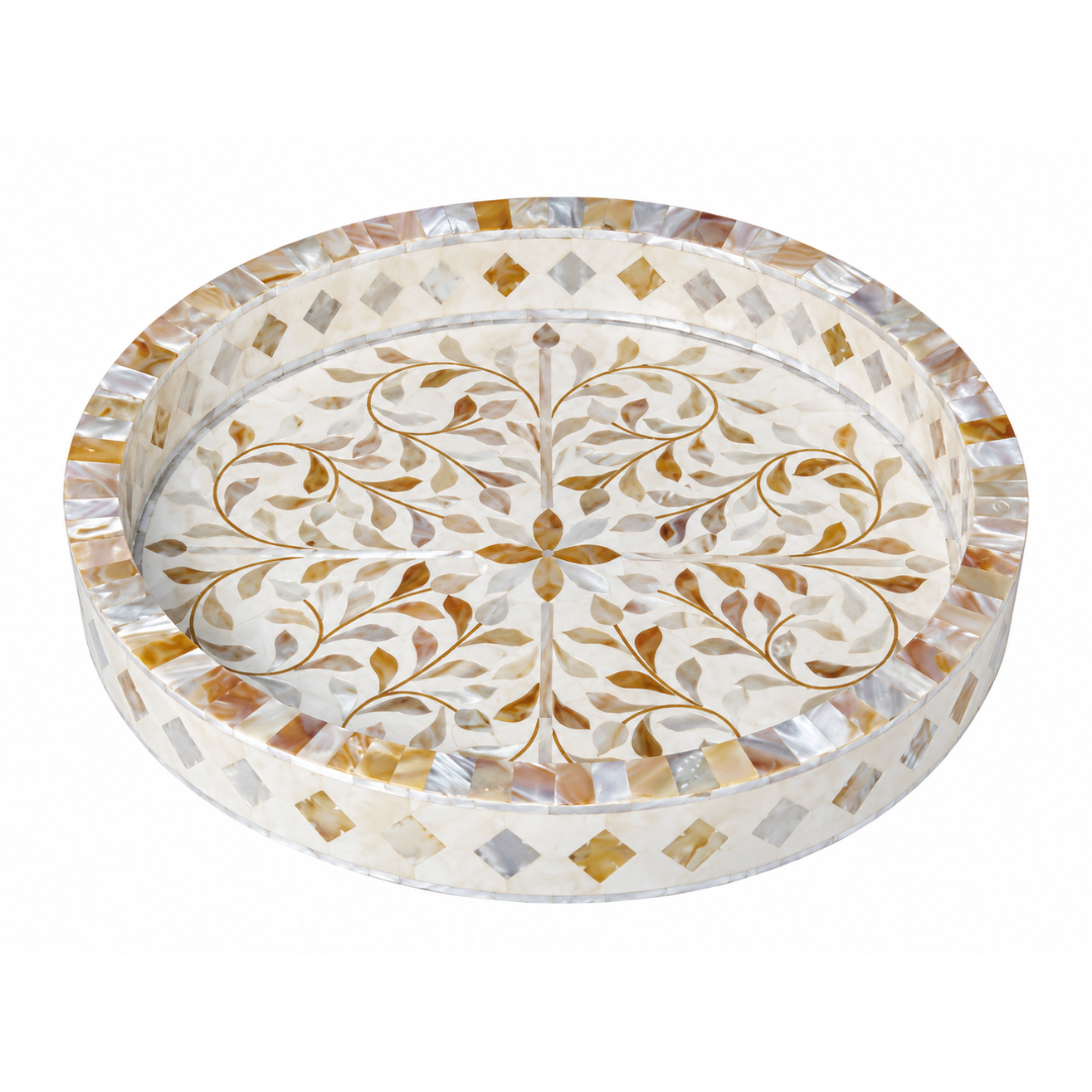 Round Mother of Pearl Inlay Serving Tray – Handmade Floral Decorative Tray