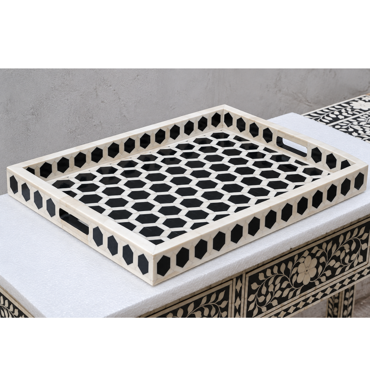 Handmade Black & White Bone Inlay Serving Tray – Geometric Honeycomb Design