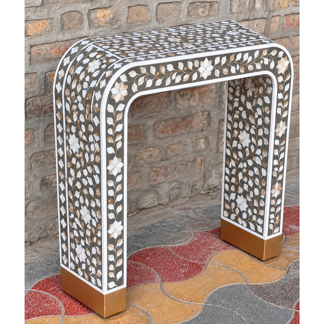 Black Mother of Pearl Inlay Console Table – Handmade Floral Waterfall Entryway Table
