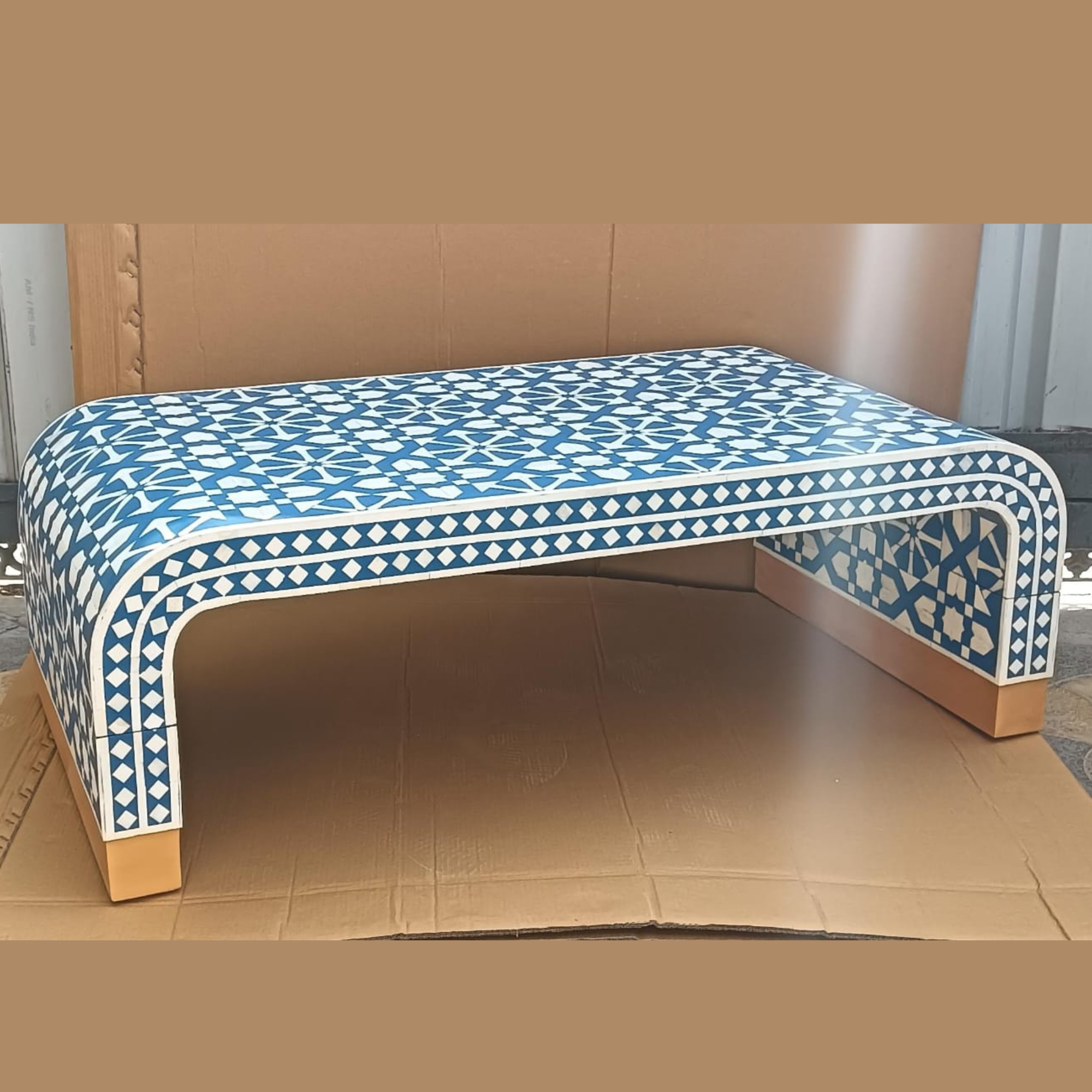 Handmade Blue Bone Inlay Coffee Table – Waterfall Design Living Room Table