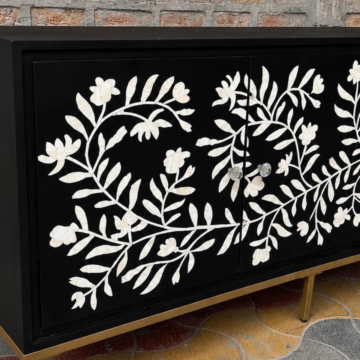 Handmade Black Bone Inlay Floral Sideboard Cabinet | Luxury Storage Console