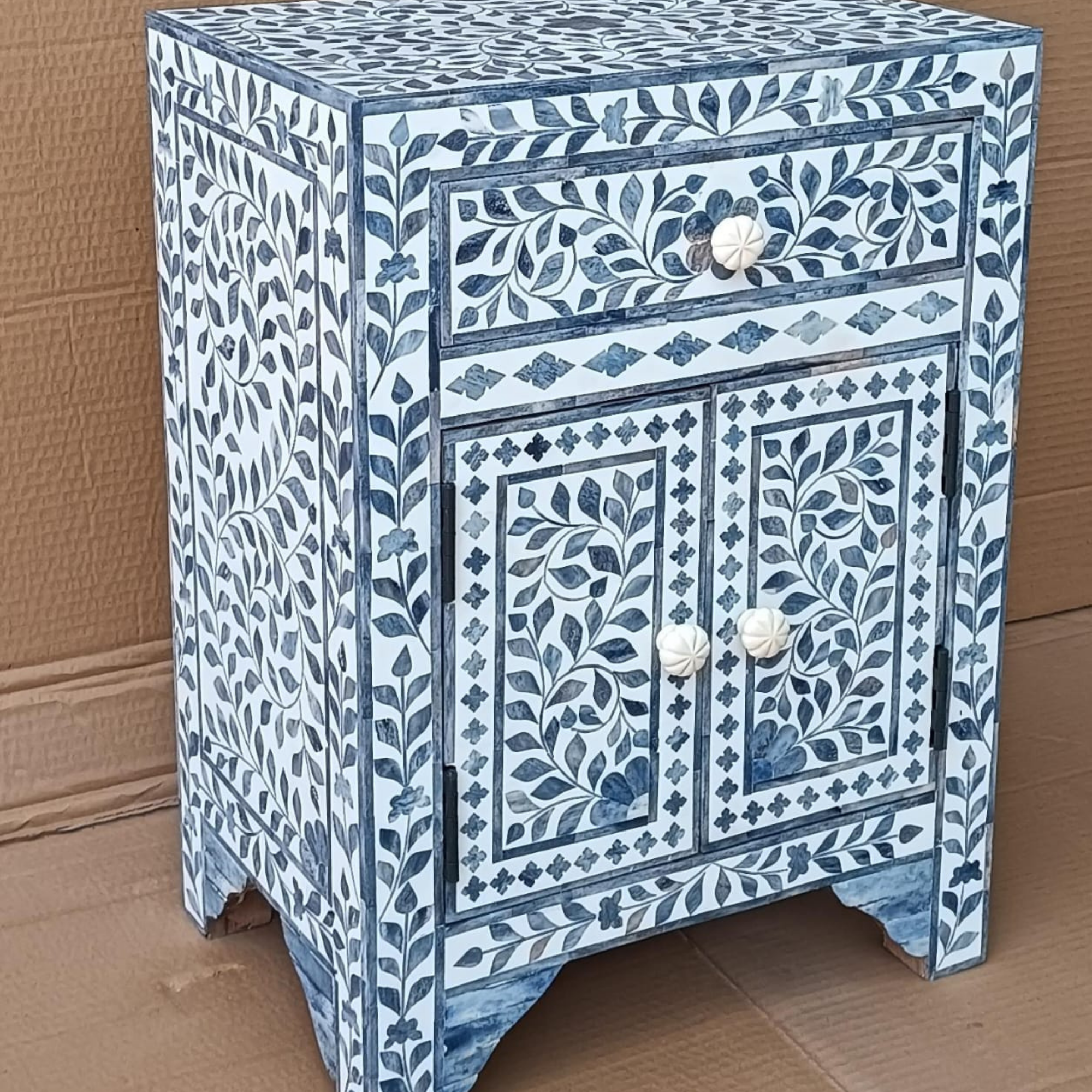 Handmade Blue Bone Inlay Bedside Cabinet with Drawer & Doors