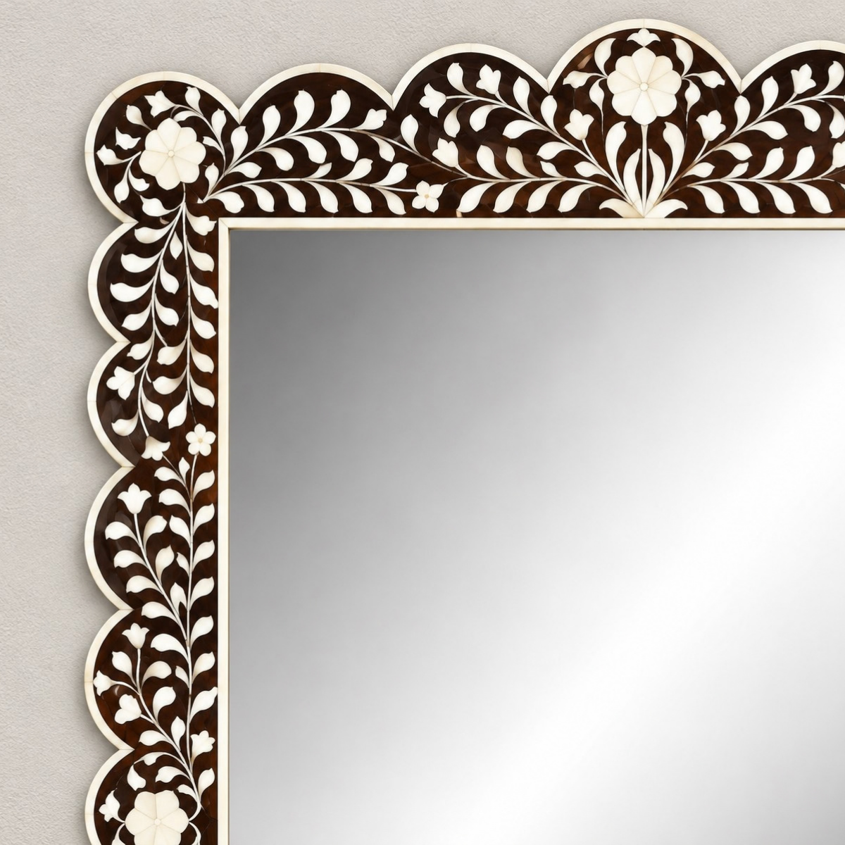 Brown Bone Inlay Mirror | Handmade Floral Scalloped Wall Mirror
