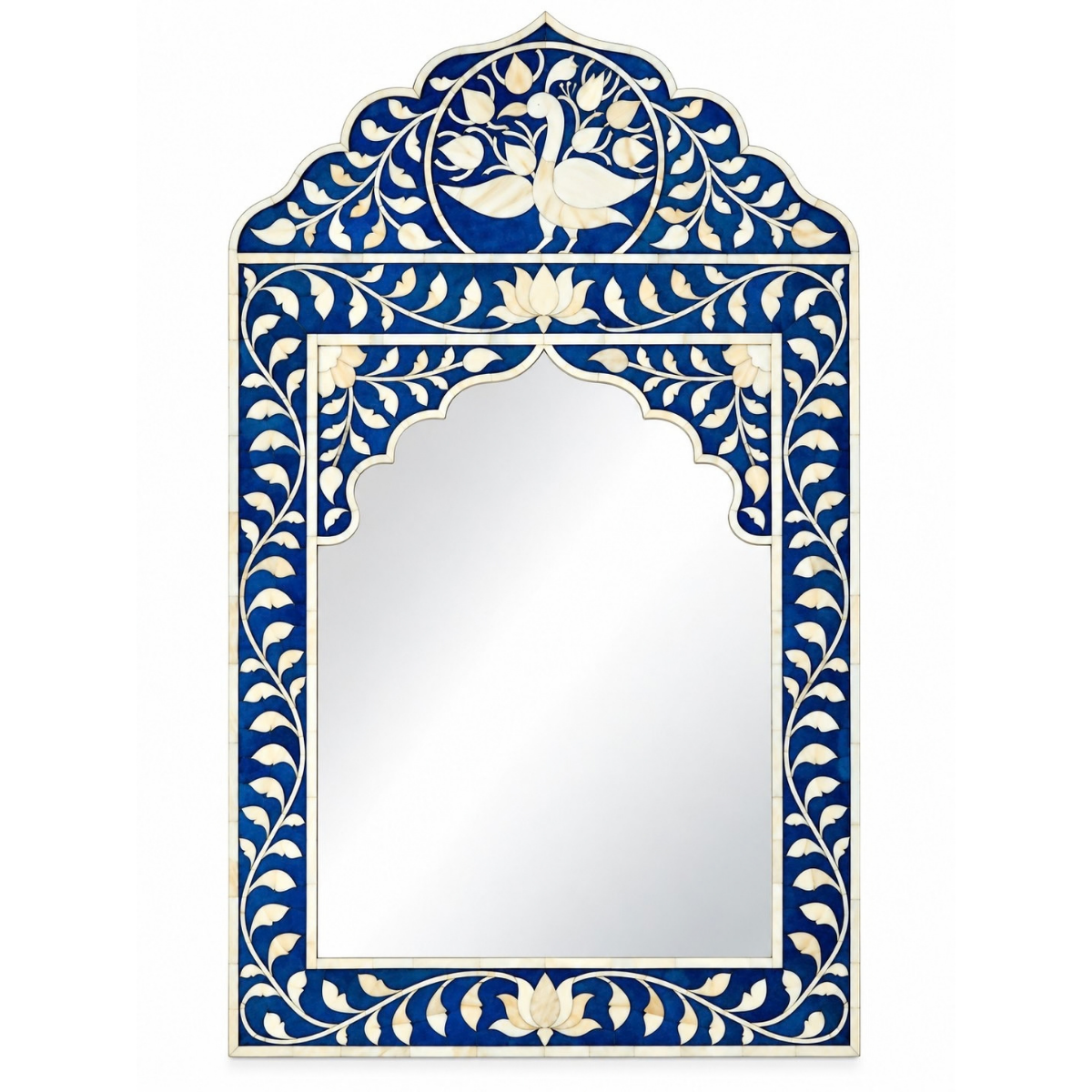 Handmade Blue Peacock Bone Inlay Mirror – Floral Arch Decorative Wall Mirror