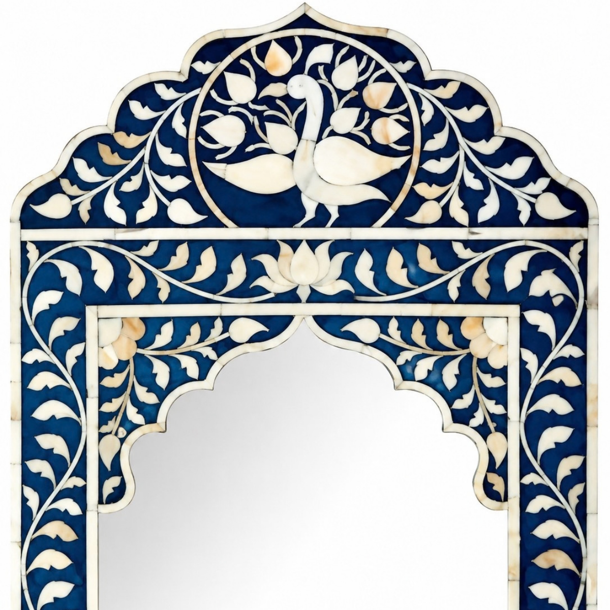 Handmade Blue Peacock Bone Inlay Mirror – Floral Arch Decorative Wall Mirror