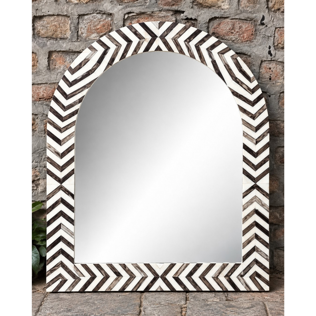 Handmade Chevron Bone Inlay Arch Mirror – Black & White Geometric Wall Mirror