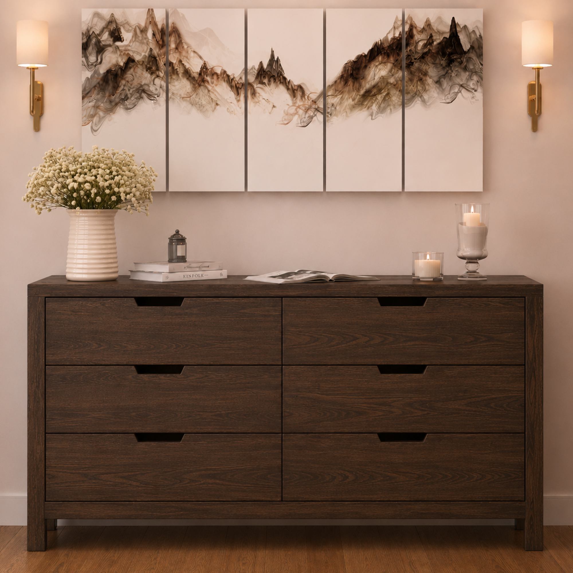 Rustic Solid Wood 6 Drawer Dresser | Dark Modern Farmhouse Chest of Drawers | Minimalist Bedroom Storage Cabinet