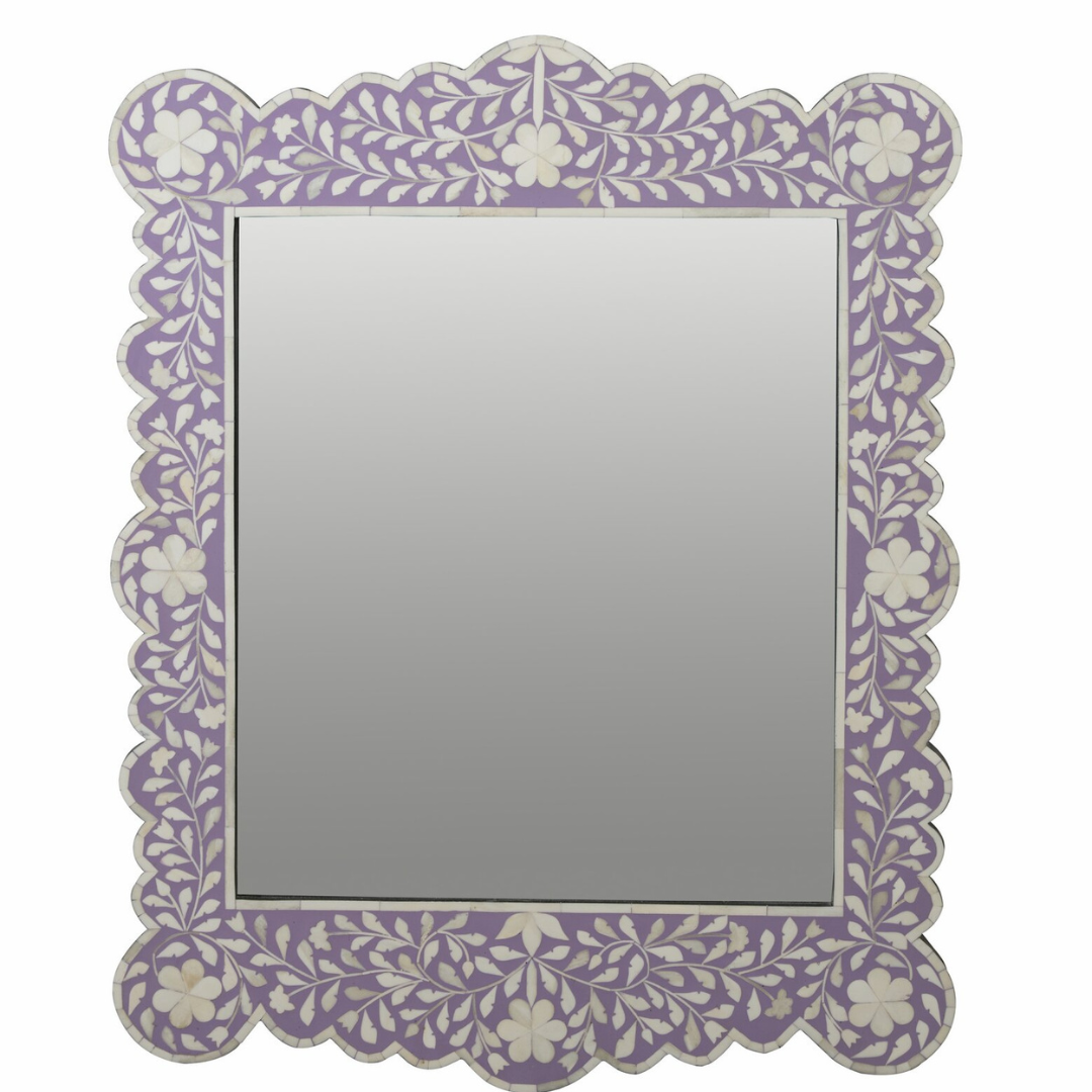 Purple Floral Bone Inlay Mirror Scalloped Frame Handmade Decorative Wall Mirror Luxury Home Decor