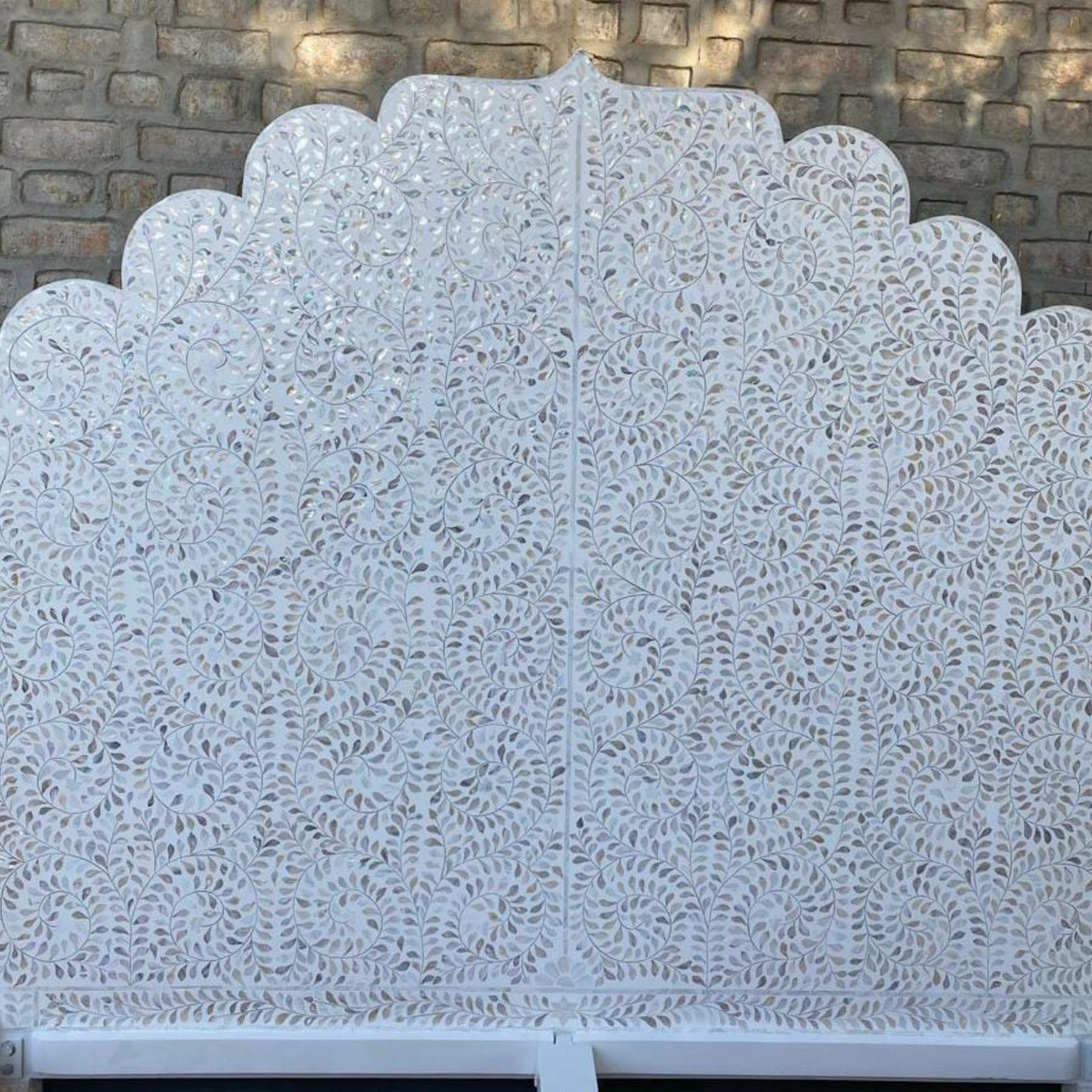 Handmade White Mother of Pearl Inlay Headboard – Floral Scalloped Bedhead