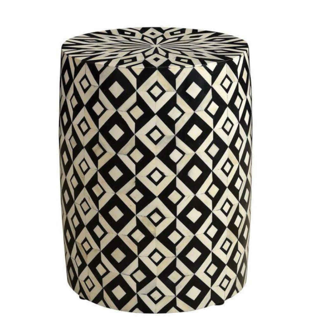Handmade Bone Inlay Round End Table Black Diamond Geometric Pattern Accent Side Table Modern Luxury Furniture
