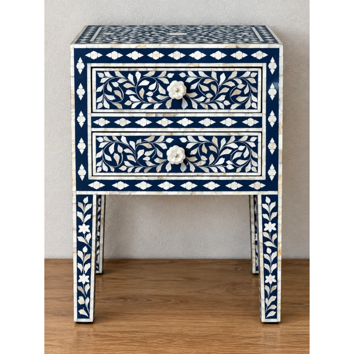 Navy Blue Mother of Pearl Bedside Table – Handmade Floral Inlay Nightstand with 2 Drawers