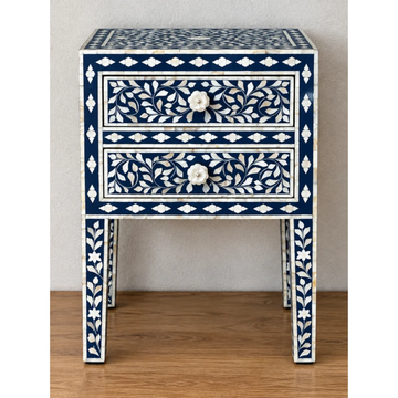 Navy Blue Mother of Pearl Bedside Table – Handmade Floral Inlay Nightstand with 2 Drawers