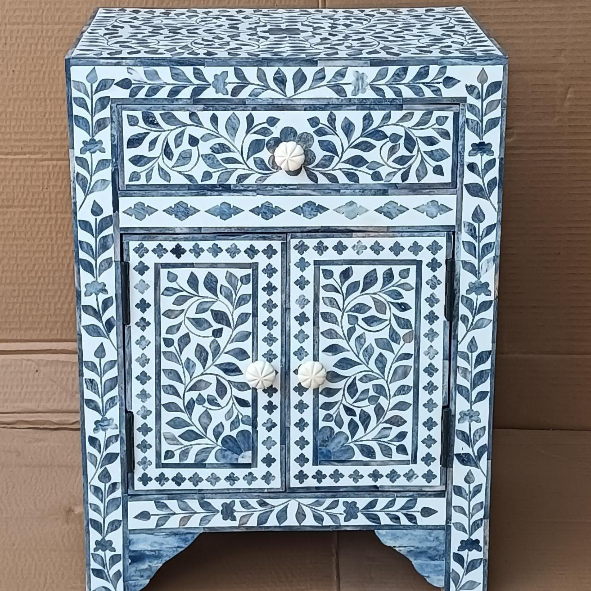 Handmade Blue Bone Inlay Bedside Cabinet with Drawer & Doors