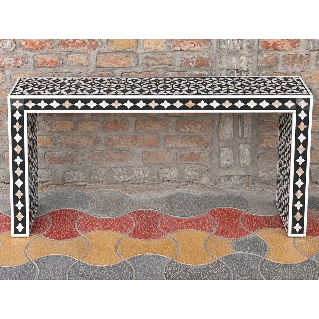 Black Mother of Pearl Inlay Console Table – Handmade Geometric Waterfall Entryway Table